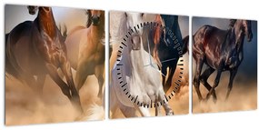 Obraz - Kone v púšti (s hodinami) (90x30 cm)