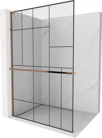 Mexen Kioto+ L, sprchová zástena Walk-In s poličkou a vešiakom 70 x 200 cm, 8mm číre sklo čierny vzor, ružové zlato profil, 800-070-123-60-78