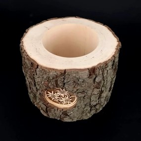 AMADEA Svietnik z kôrového kmeňa s vkladom - kvety, masívne drevo, výška 12 cm