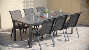 TEXIM Záhradná jedálenská zostava - stôl VIKING XL + 6x stolička RAMADA, hliník + umelé drevo / oceľ + textil