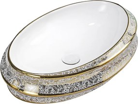 BPS-koupelny Keramické umývadlo na dosku HYD-YO-WH-MOD5-GL-600 60x40 cm, biele/zlatý dekor