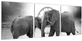 Obraz slonov (s hodinami) (90x30 cm)
