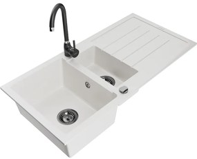 Mexen Andres, granitový drez 1000x500x200 mm, 1,5-komorový, biela s čiernym sifónom a čierna drezová batéria Telma, 6515-20-670200-70