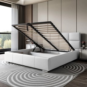 LUISI 180X200 ČALÚNENÁ MANŽELSKÁ POSTEĽ BIELA EKO-KOŽA S ÚLOŽNÝM PRIESTOROM