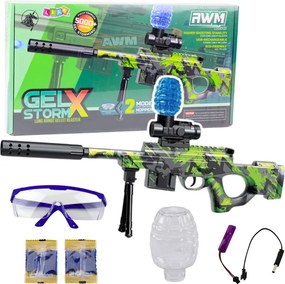 LEAN Toys Puška AWM na vodné guľôčky hydrogél zelená okuliare 61 cm