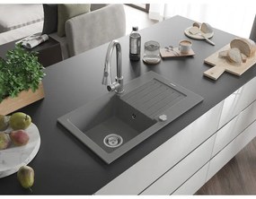 Mexen Pablo, 1-komorový granitový drez 752x436x161 mm a drezová batéria Elia, šedá, 6510-71-670101-00