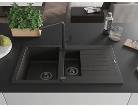 Mexen Matias, 1,5-komorový granitový drez 900x505x200 mm a drezová batéria Flora, čierna-zlatá metalíza, 6502-75-670401-70-B