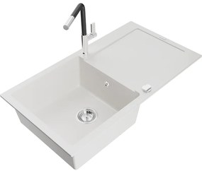 Mexen Leo, 1-komorový granitový drez 900x500x190 mm a drezová batéria Flora, biela, 6501-20-670401-07
