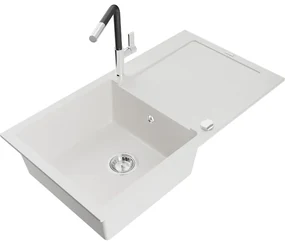 Mexen Leo, 1-komorový granitový drez 900x500x190 mm a drezová batéria Flora, biela, 6501-20-670401-07