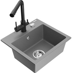 Mexen Milo, granitový drez 435x410x171 mm, 1-komorový a čierna batéria Duero, šedá, 6505-71-671600-70