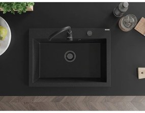 Mexen Elix, 1-korový granitový drez 700 x 500 mm, čierna/strieborná metalíza, čierny sifón, 6526701005-73-B