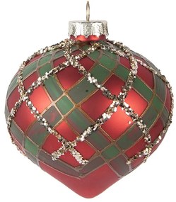 Červenozelená károvaná sklenená ozdoba špicatá banka - Ø 8*8 cm