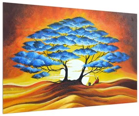 Orientálny obraz modrého stromu a slnka (90x60 cm)