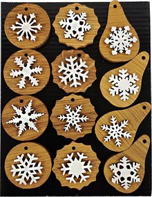 AMADEA Drevené ozdoby z masívu s vločkou, 12 ks - MIX druhov v sáčku, 3 cm