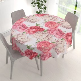 Biante Bavlnený okrúhly obrus Sandra SA-746 Veľké ružovo-béžové pivonky na bielom Ø 50 cm