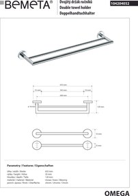 Bemeta Design OMEGA: Držiak uterákov, 600 mm, dvojitý - 104204052