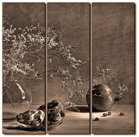 Obraz na plátne - Zátišie - vetva a granátové jablko - štvorec 3274FB (105x105 cm)