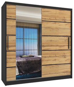 Šatníková skriňa 158 cm Belini čierny mat / dub wotan s posuvnými dverami zrkadlom a zásuvkami MBP SZP7/0/B/DW/0/KLP