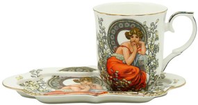 HOME ELEMENTS Porcelánový hrnček 360 ml, s podšálkou, Mucha svetlý