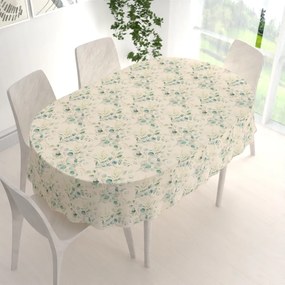 Biante Ľanový oválny dekoračný obrus LEN-010 Modrozelené listy eukalyptu na režnom 100x140 cm