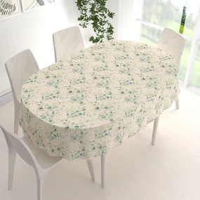 Biante Ľanový oválny dekoračný obrus LEN-010 Modrozelené listy eukalyptu na režnom 50x100 cm