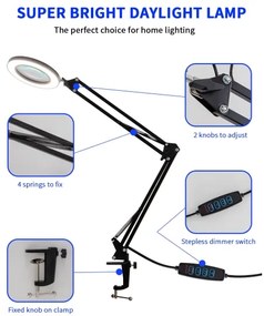 Brilagi - LED Stmievateľná stolná lampa s lupou LED/12W/5V 3000/4200/6000K čierna