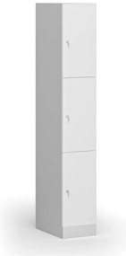 Šatníková skrinka S1 s úložnými boxmi, 3 boxy, 1850 x 300 x 500 mm, cylindrický zámok, laminované dvere, biela