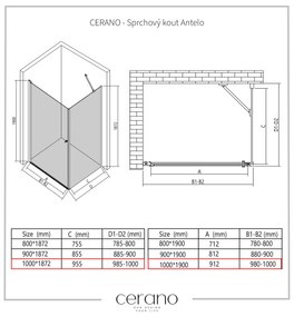 Cerano Antelo, 1-krídlový sprchovací kút 100(dvere) x 30(stena) x 190 cm, 6mm číre sklo, čierny profil, CER-CER-477248