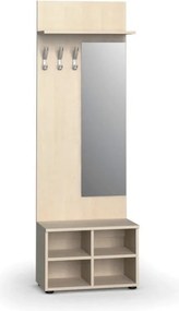 Vešiaková stena s botníkom a zrkadlom PRIMO WOOD, 3 háčiky, polica, roky zvisle, breza