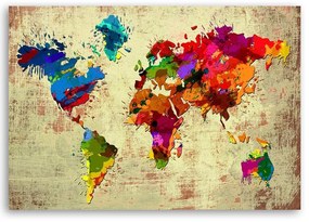 Obraz na plátně, Mapa světa Vícebarevná - 90x60 cm