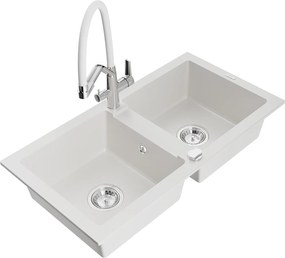 Mexen Mario, granitový drez 820x436x161 mm, 2-komorový a drezová batéria Duo, biela, 6504-20-671701-02