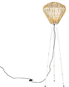 Rustikálna stojaca lampa trojnožka bambusová s bielou - Canna Diamond