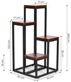 Stojan na kvety, polica na kvety, dekorácie, 4 police, kovová MDF, tmavý orech ModernHome