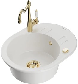 Mexen Kevin, drez granitový 586x458x190 mm, 1-komorový a drezová batéria Carla, biela, 6517-20-670700-50