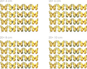 Motýliky na stenu žltá 20 ks textilná prilepiteľná samolepiaca dekorácia na stenu 20 ks šírka 4 cm