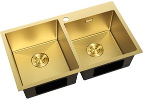 Mexen Xorin, 2-komorový nerezový drez 780 x 450 mm, brúsená zlatá, 6441782000-55
