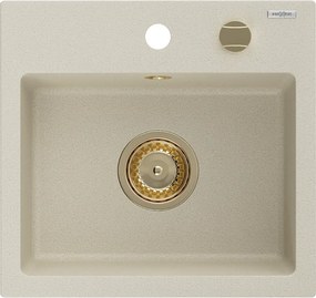 Mexen Milo granitový kuchynský drez 1-komorový 435 x 410 mm, béžový, sifón zlatý - 6505441000-69-G
