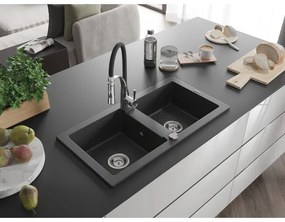 Mexen Mario, granitový drez 820x436x161 mm, 2-komorový a drezová batéria Aster, čierna škvrnitá, 6504-76-73450-07