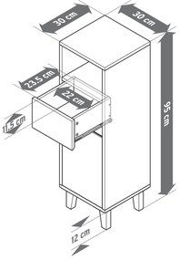 Kúpeľňová skrinka so zásuvkou a dvierkami, úzka