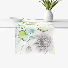 Goldea behúň na stôl 100% bavlnené plátno deluxe - eukalyptus s kvety 50x180 cm
