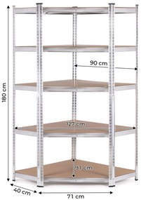 Rohový úložný regál 180x90x40 cm, 5 políc, nosnosť 875 kg, ModernHome