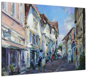 Sklenený obraz - Ulička starého mesta, akrylová maľba (70x50 cm)