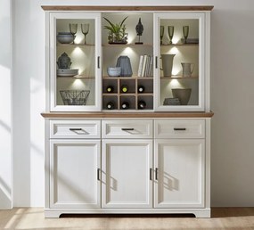 Nástavná vitrína s priehradkami Jasmin,bielená pínia/dub, s osvetlením