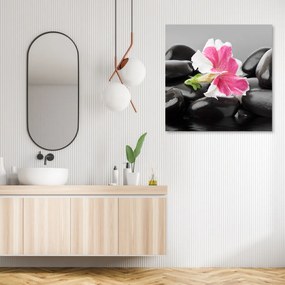 Obraz na plátně, Růžový květ na zenových kamenech - 50x50 cm