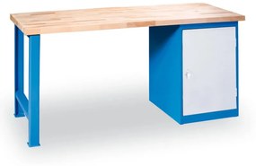 Dielenský pracovný stôl GD, buková škárovka, pevná noha + zásuvková dielenská skrinka na náradie, 1500 x 800 x 850 mm, modrá