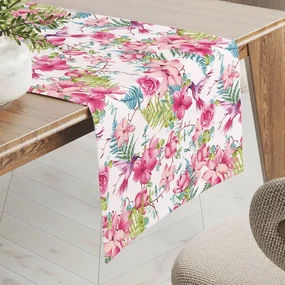 Biante Bavlnený behúň na stôl Sandra SA-493 Kolibríky s ružovými kvetmi na bielom 35x120 cm