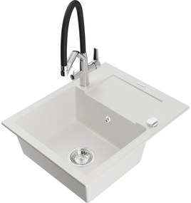 Mexen Enzo, granitový drez 576x465x174 mm, 1-komorový a drezová batéria Duo, biela, 6506-20-671701-07