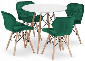 Jedálenská zostava TODI 80cm okrúhly stolový set biely + 4 stoličky LAGO zelené