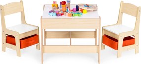 Detský set nábytku ECOTOYS – stôl s kriedovou tabuľou + 2 stoličky a úložný priestor