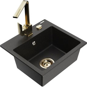 Mexen Milo, 1-komorový granitový drez 435x410x171 mm a zlatá batéria Rita, čierna-zlatá metalíza, 6505-75-670300-50